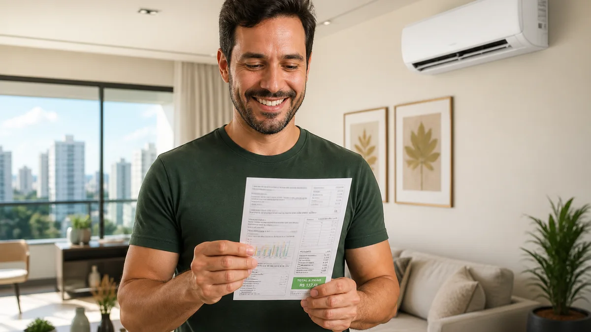 Homem em sala brasileira segura a conta de luz com expressão aliviada enquanto o ar-condicionado split inverter na parede climatiza o ambiente em Teresina.