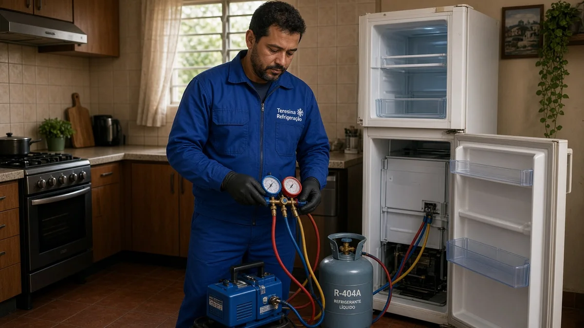 Técnico da Teresina Refrigeração conecta bomba de vácuo e cilindro de gás à geladeira residencial em cozinha brasileira durante recarga profissional.
