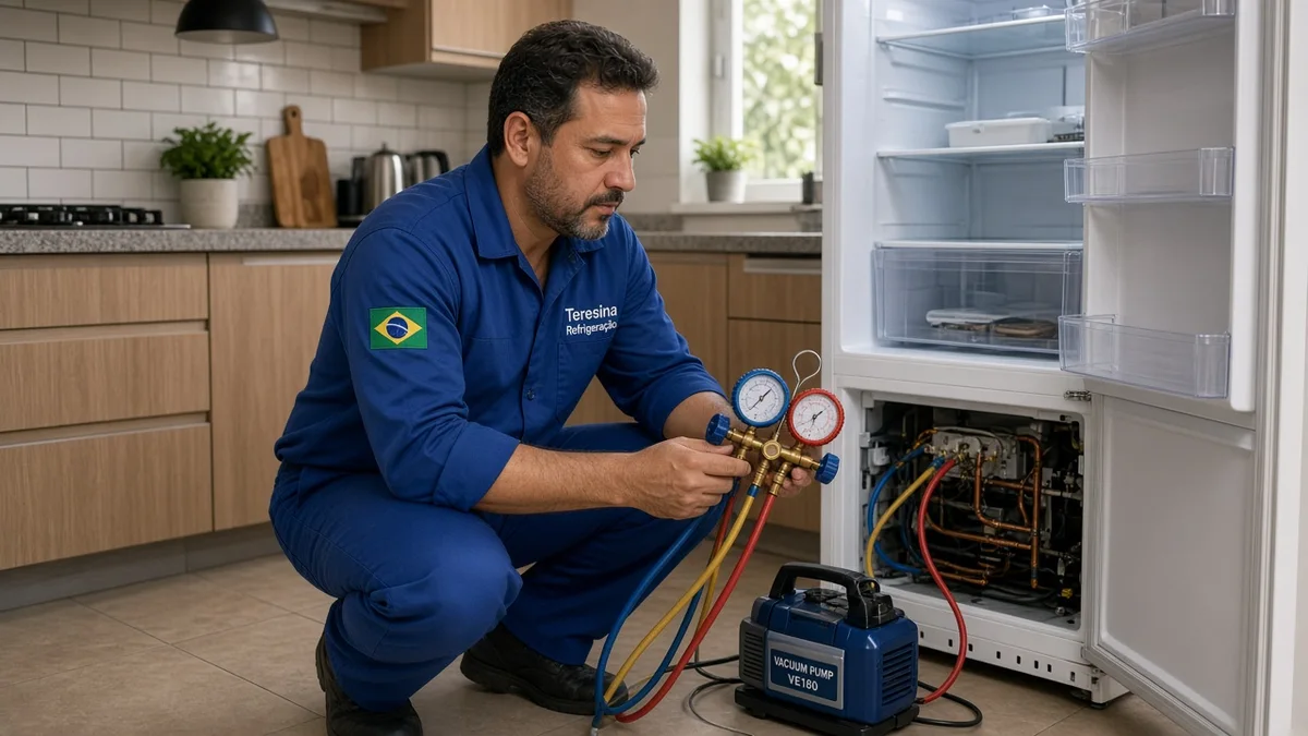 Técnico da Teresina Refrigeração monitora manômetros e bomba de vácuo ligados à geladeira residencial em cozinha brasileira durante serviço de recarga.