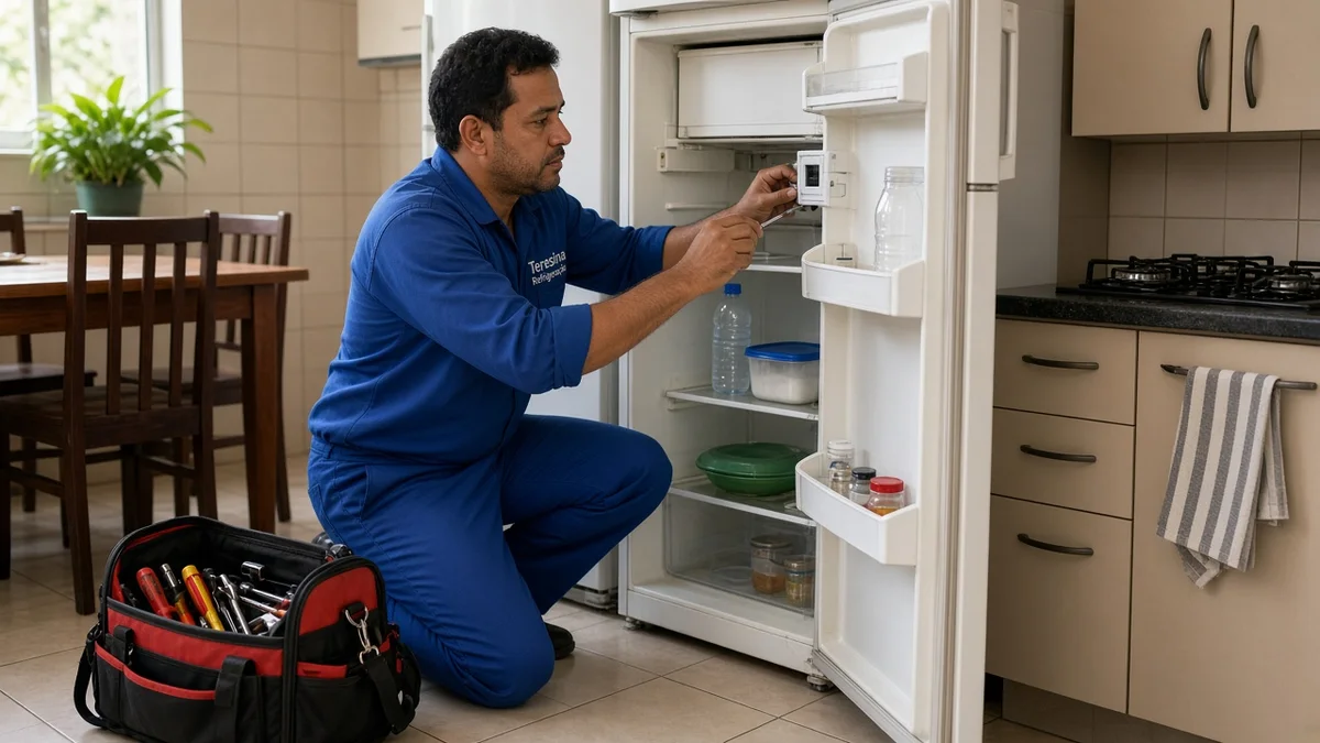 Técnico da Teresina Refrigeração ajoelhado ajusta o termostato interno de geladeira aberta em cozinha brasileira, mala de ferramentas ao lado do móvel.