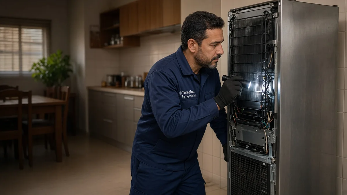 Técnico da Teresina Refrigeração inspeciona a traseira de geladeira com lanterna em cozinha residencial brasileira durante diagnóstico de refrigeração.