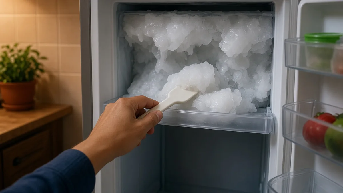 Mão usa espátula de plástico para remover placas de gelo já amolecidas do freezer de geladeira residencial em cozinha brasileira em Teresina.