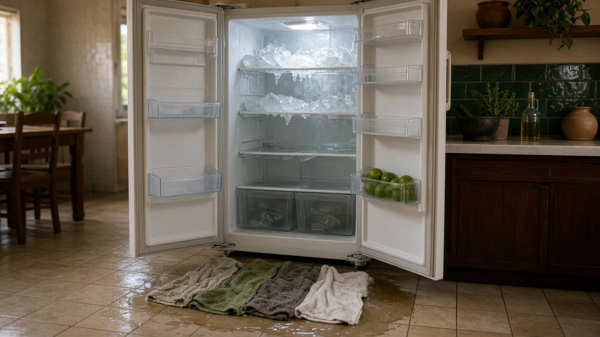 Geladeira residencial com portas abertas, panos no piso absorvendo água e gelo derretendo no freezer durante degelo seguro em cozinha brasileira.