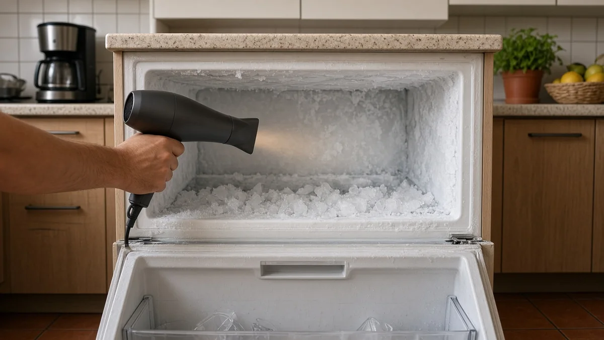 Secador de cabelo em temperatura baixa apontado para o interior do freezer de geladeira, derretendo crosta de gelo com distância segura do plástico.