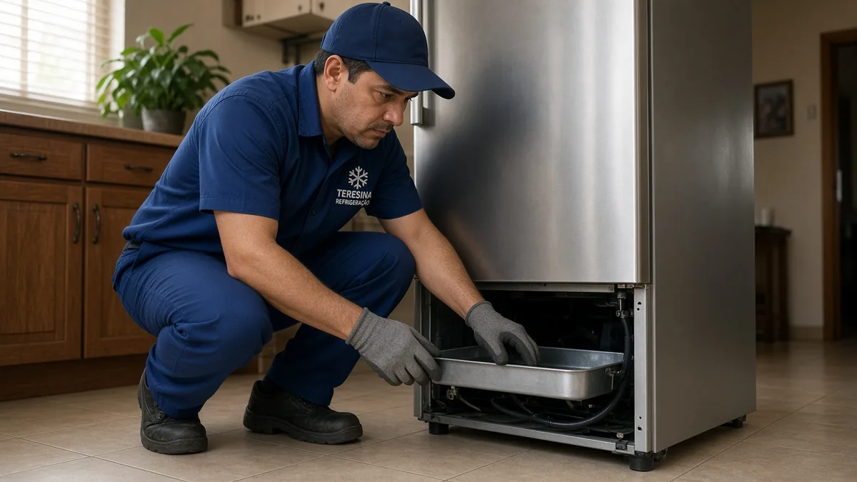 Técnico da Teresina Refrigeração inspeciona a bandeja coletora na traseira inferior de geladeira residencial após limpeza do dreno de degelo.