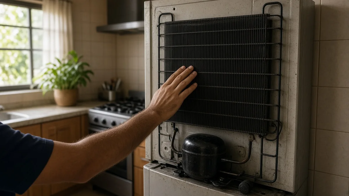 Mão de técnico testa a temperatura da grade condensadora na traseira de geladeira doméstica em cozinha brasileira, indício de circulação do fluido refrigerante.