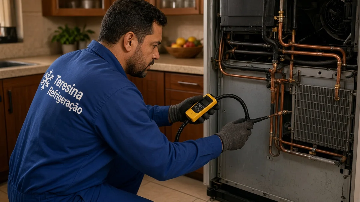 Técnico da Teresina Refrigeração usa detector eletrônico na tubulação traseira de geladeira residencial para localizar vazamento de fluido refrigerante.