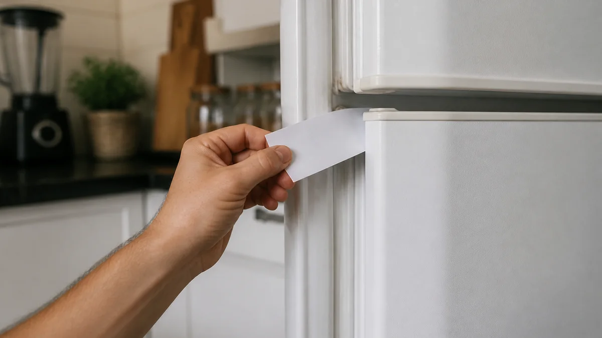Mão puxa folha de papel branca presa entre a porta fechada e o corpo de uma geladeira branca na cozinha, demonstrando o teste prático de vedação da borracha.