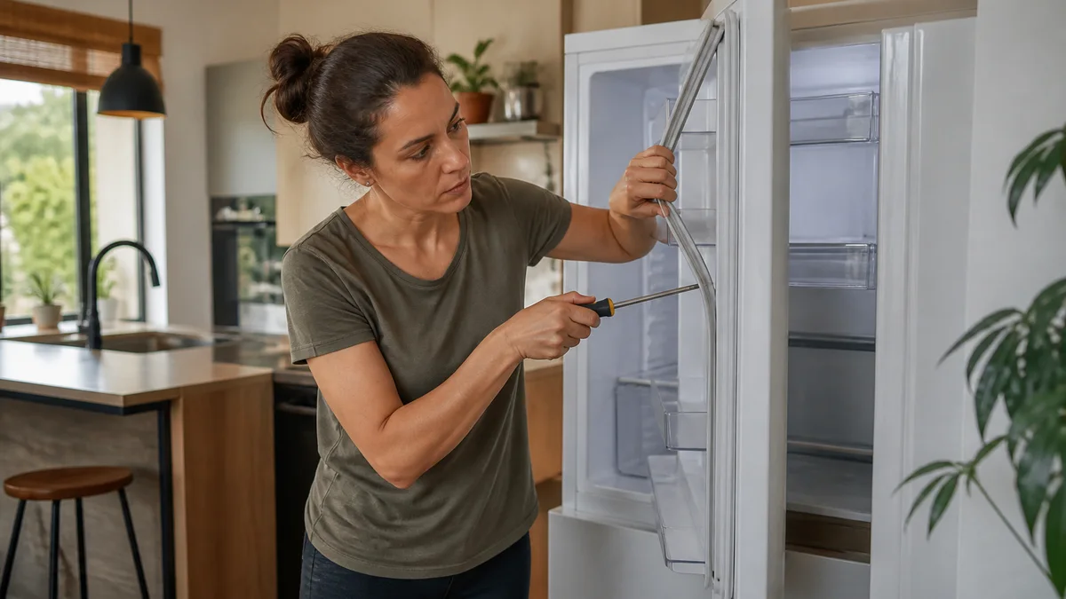 Mulher em cozinha brasileira instala nova borracha de vedação na porta da geladeira com chave de fenda, durante manutenção simples da gaxeta em Teresina.