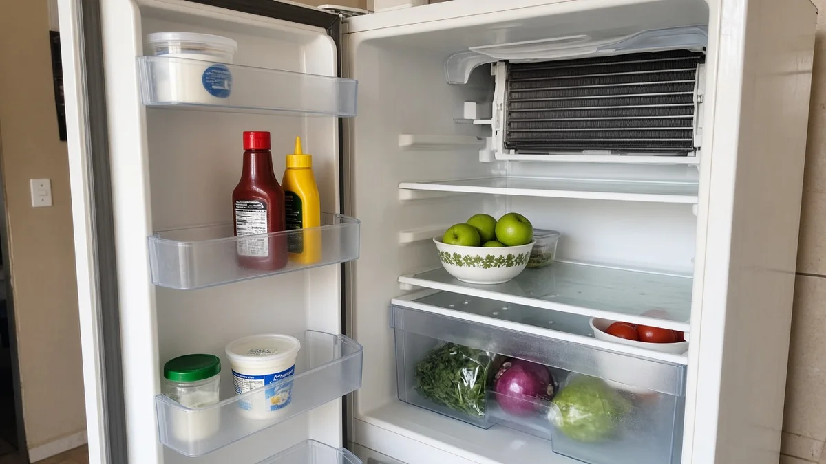 Detalhe de evaporador e prateleiras internas da geladeira aberta, em residência brasileira, com técnico Refrigeração Teresina e materiais e ferramentas ao lado.