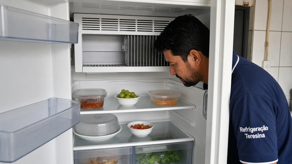 Detalhe de evaporador e prateleiras internas da geladeira aberta, em residência brasileira, com técnico Refrigeração Teresina e materiais e ferramentas ao lado.