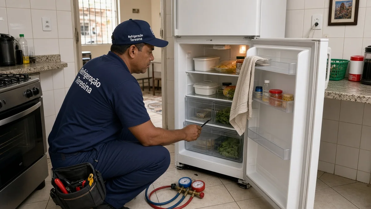 Tecnico inspeciona geladeira aberta em cozinha residencial brasileira, com uniforme Refrigeração Teresina em residência urbana brasileira e ferramentas à vista.