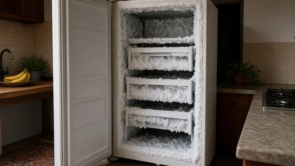 Freezer vertical aberto com crosta espessa de gelo nas paredes internas e gavetas travadas, em cozinha brasileira, indicando falha de degelo ou vedação.