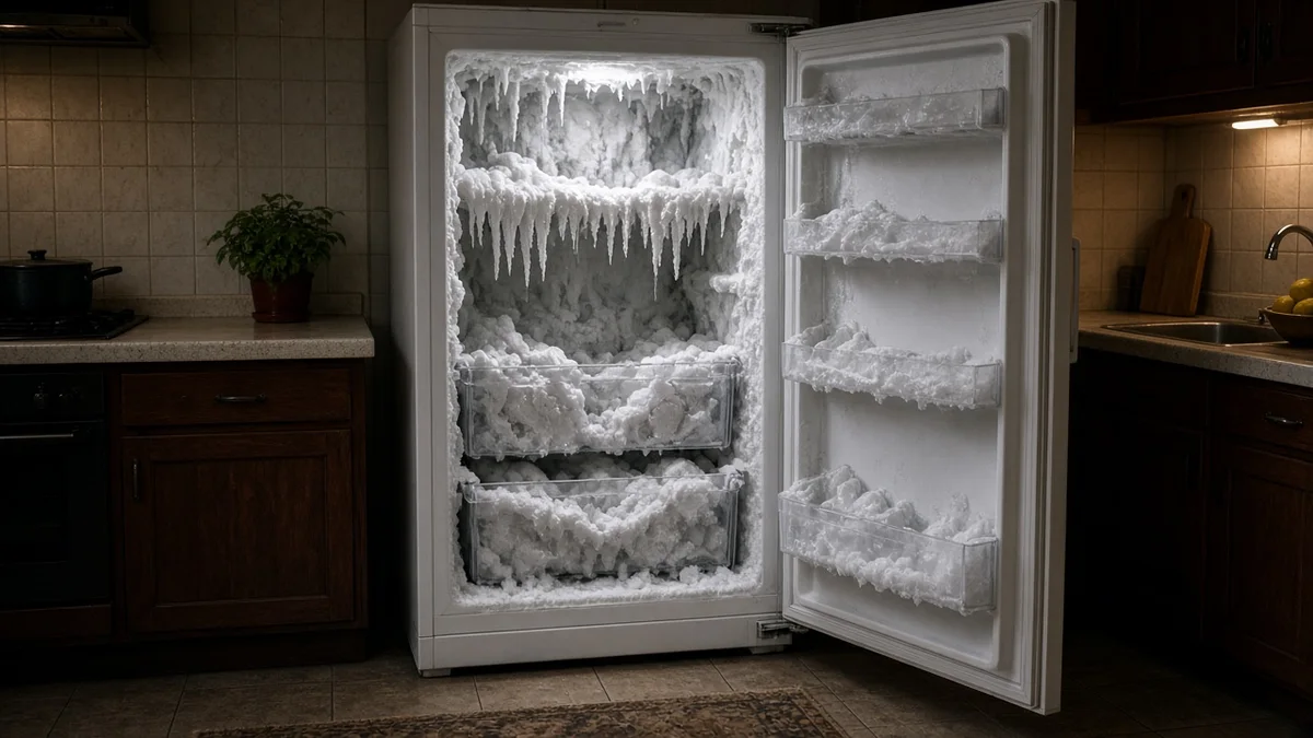 Interior de freezer vertical residencial com acúmulo extremo de gelo nas paredes e gavetas bloqueadas, falha grave de refrigeração em Teresina.