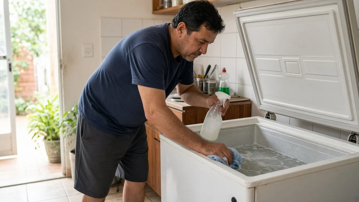 Pessoa limpa interior de freezer baú com pano e detergente neutro em cozinha residencial brasileira após descongelamento por falta de energia.