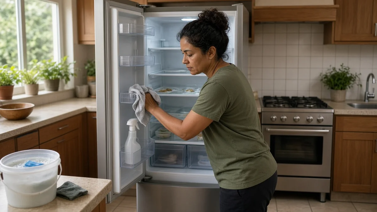Pessoa limpa prateleiras internas de geladeira residencial com pano e detergente neutro em cozinha clara, removendo odor e resíduos após queda de energia.