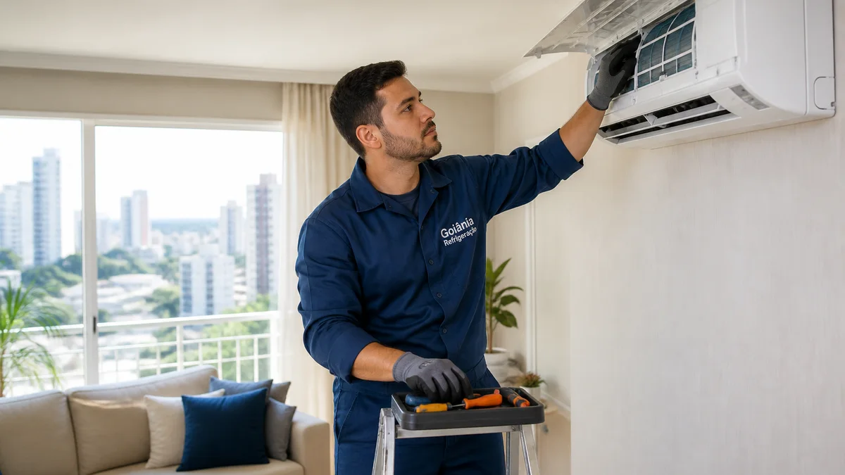 Técnico de uniforme realiza manutenção preventiva em ar-condicionado split numa sala ensolarada em Teresina, revisando filtros e componentes antes do verão.