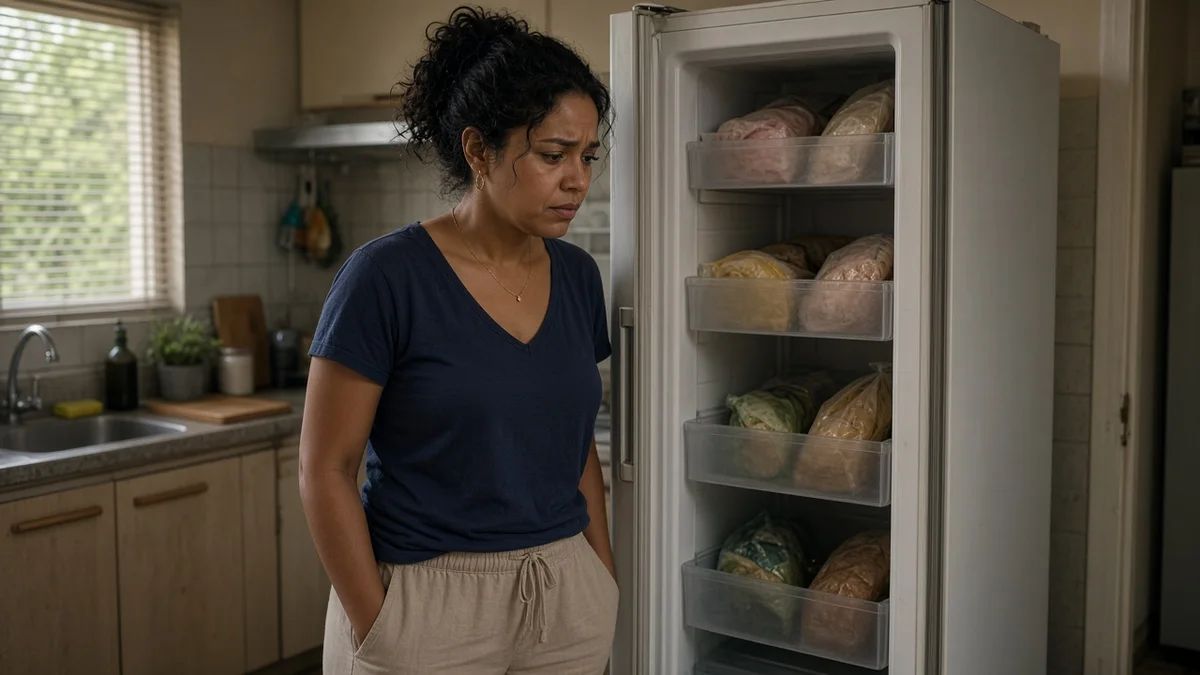 Mulher brasileira observa o interior de um freezer vertical residencial que parou de congelar, com pacotes amolecendo na cozinha em Teresina.