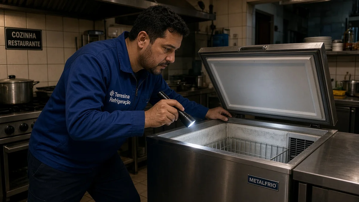 Técnico da Teresina Refrigeração inspeciona freezer horizontal comercial com lanterna na cozinha de estabelecimento, verificando condensador e tubulações.