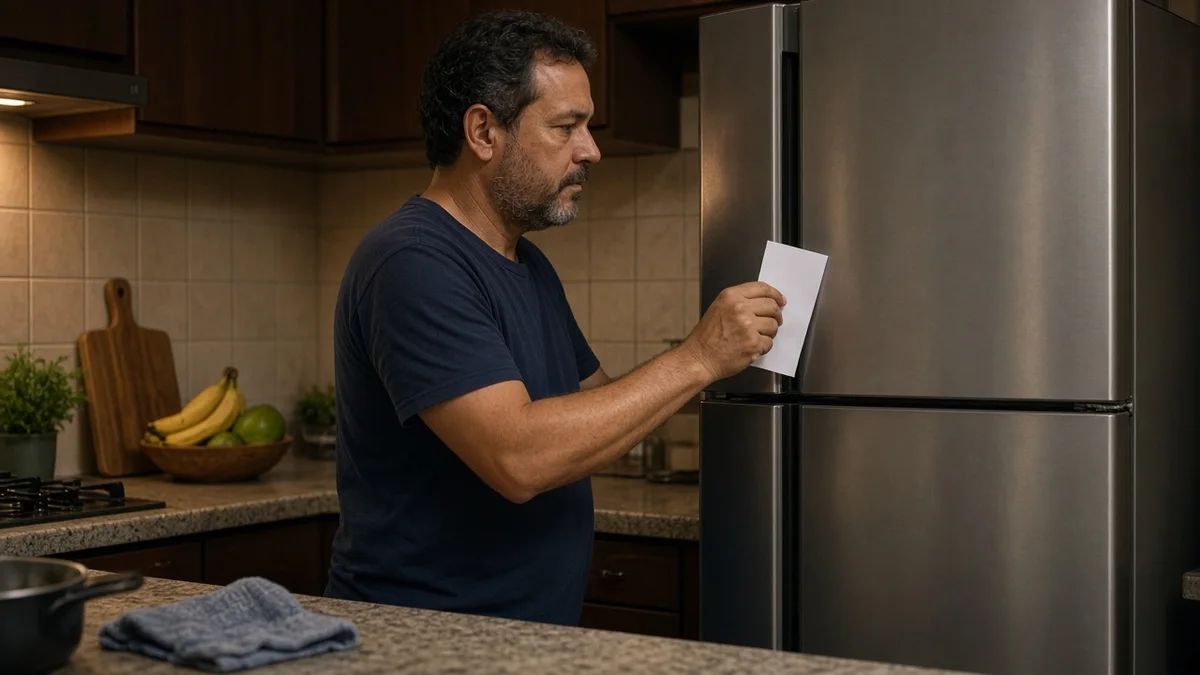 Pessoa faz o teste da folha de papel na borracha de vedação de um freezer vertical em cozinha brasileira para checar se a porta ainda isola o frio.