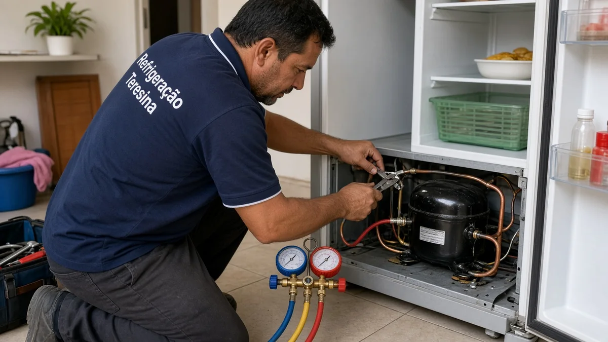 Close de causas mais complexas e componentes críticos: mãos ou técnico em residência brasileira, ferramentas e materiais de refrigeração visíveis, sem texto.