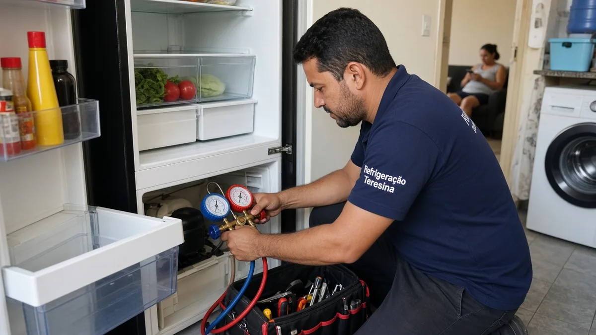 Close de checklist rápido: mãos ou técnico em residência brasileira, ferramentas e materiais de refrigeração visíveis, sem texto sobreposto na foto.
