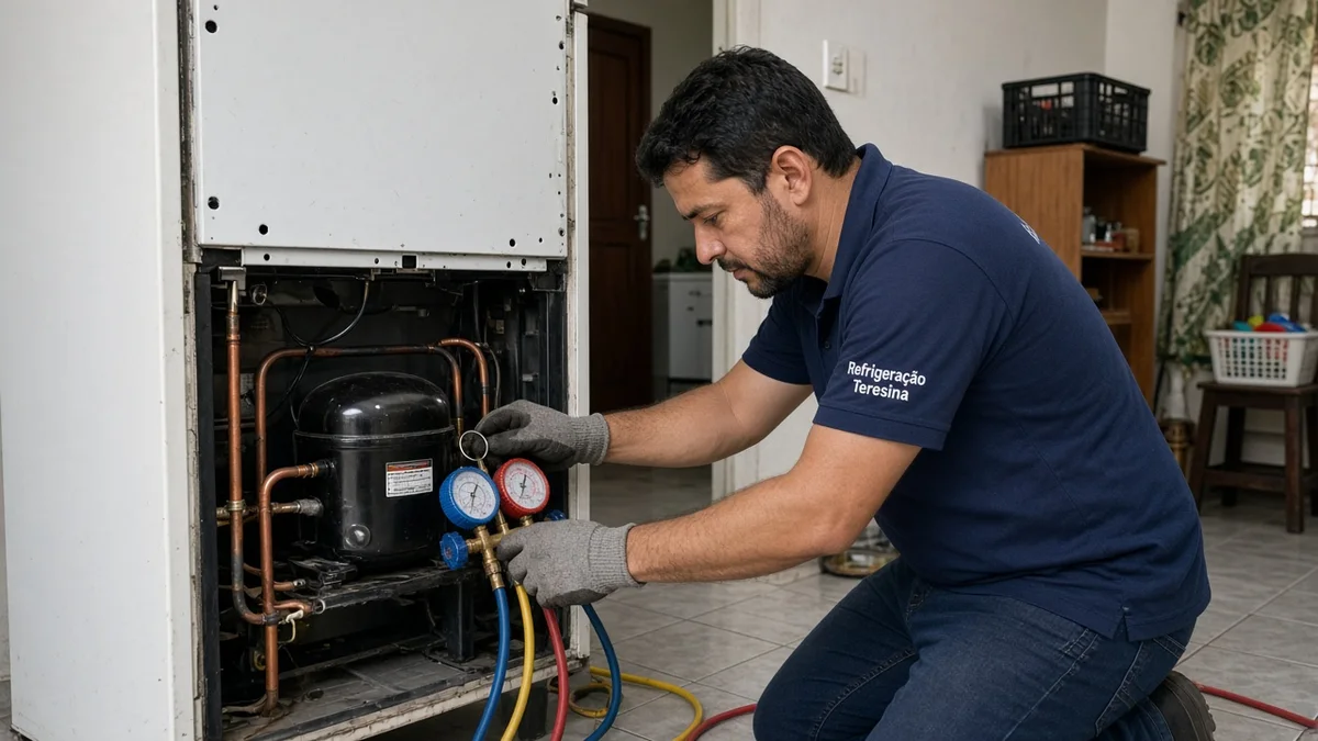 Close de diferenças cruciais: mãos ou técnico em residência brasileira, ferramentas e materiais de refrigeração visíveis, sem texto sobreposto na foto.