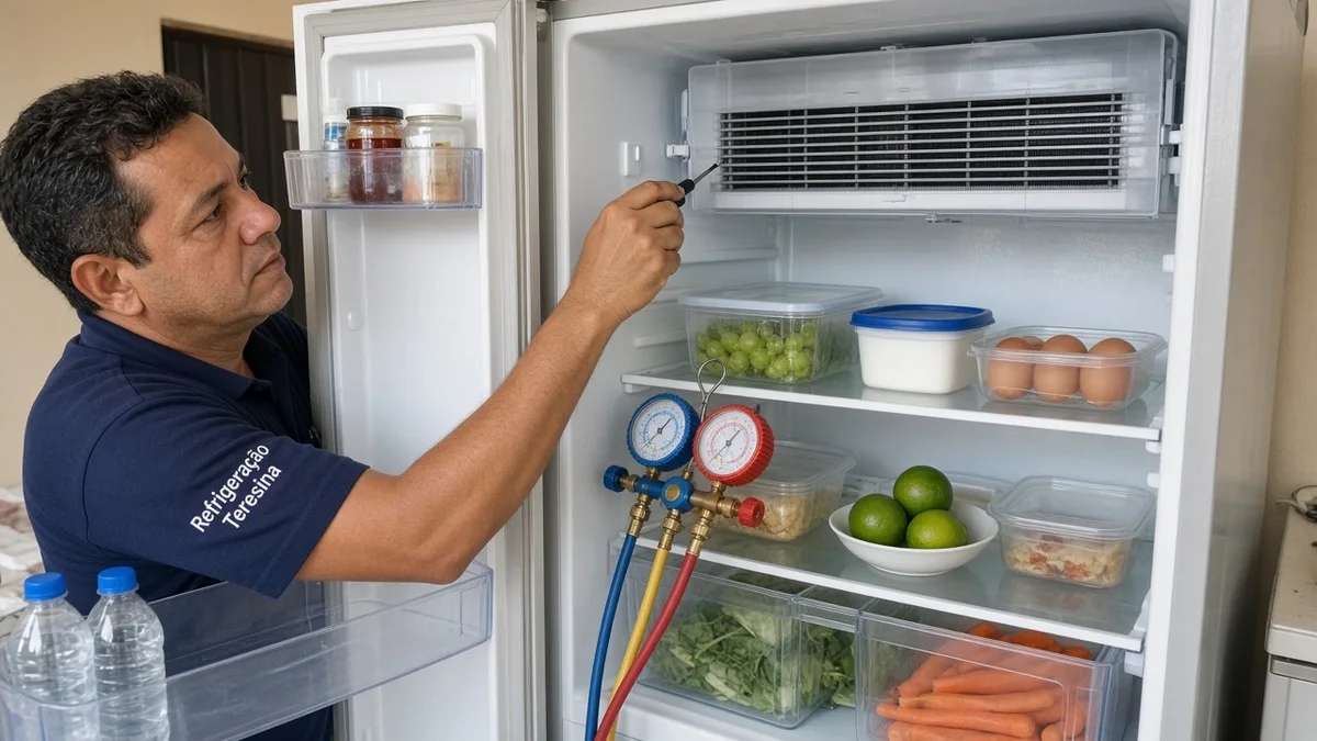 Detalhe de evaporador e prateleiras internas da geladeira aberta, em residência brasileira, com técnico Refrigeração Teresina e materiais e ferramentas ao lado.