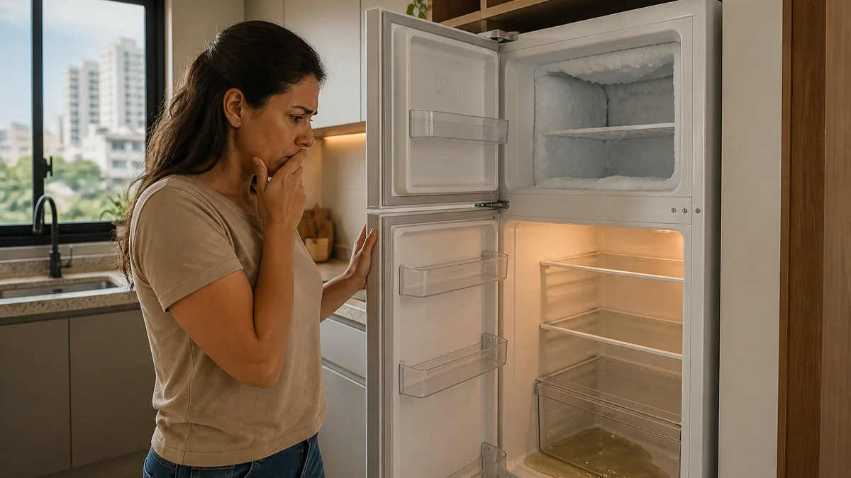 Mulher abre geladeira em cozinha brasileira e observa água acumulada no fundo do refrigerador e gelo excessivo no freezer, sinal de conserto em Teresina.