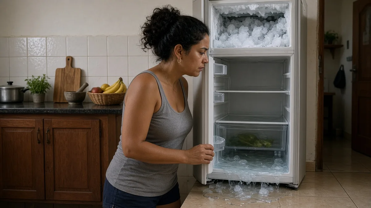 Mulher em cozinha brasileira abre a geladeira e vê água no fundo do refrigerador com gelo excessivo no freezer, sinal de conserto em Teresina.