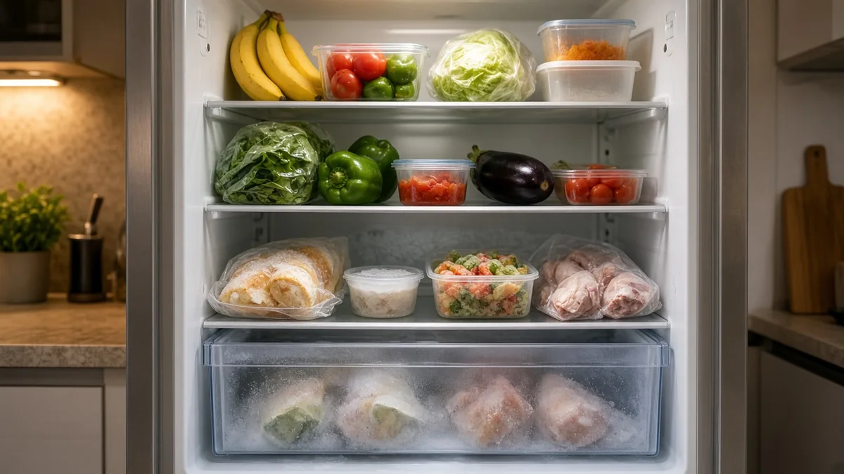 Interior de geladeira frost free com frio irregular: comida mais congelada embaixo e prateleira de cima mais morna, em cozinha brasileira.