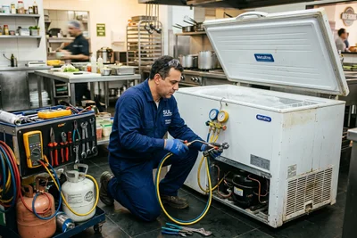 Técnico especializado realizando manutenção profissional e conserto preciso em um freezer horizontal comercial em Teresina, de alta qualidade.